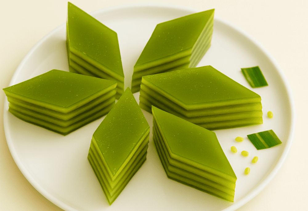 A perfectly sliced banh da lon revealing multiple colorful layers - green pandan, white coconut, and yellow mung bean